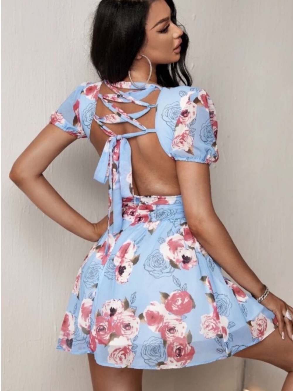 NWOT Floral Print Lace Up Cut Out Backless Chiffon Dress - Blue/Pink, size S - Picture 13 of 13